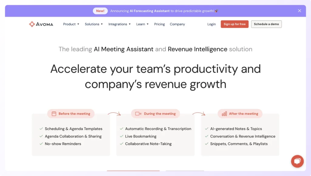 Landing page of Avoma AI meeting assistant software 