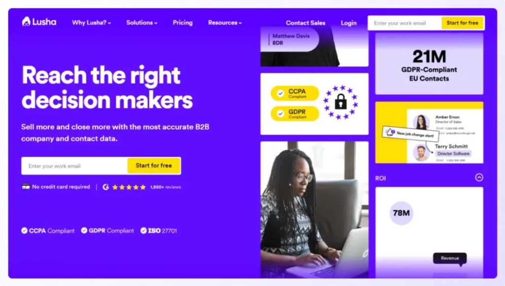 b2b email list providers lusha homepage
