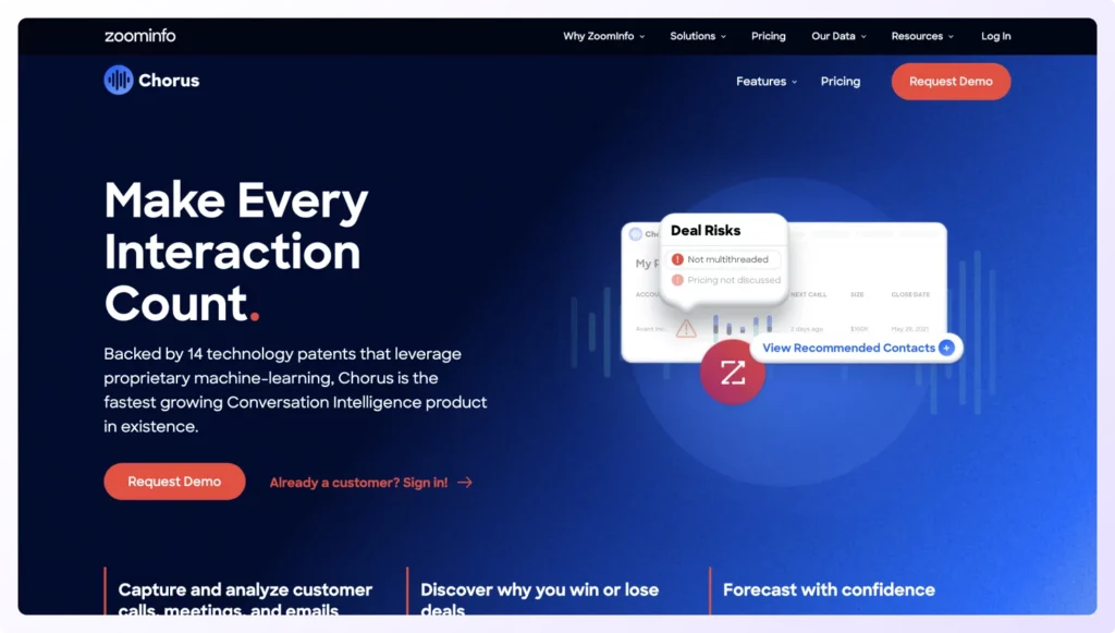 Chorus by ZoomInfo sales call analysis software homepage