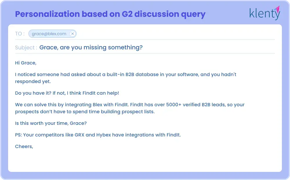 cold email Example based on G2 discussion query