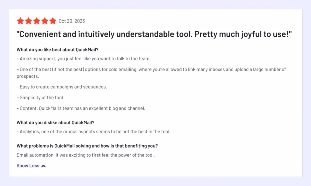 Customer review about the convenient usage of Quickmail