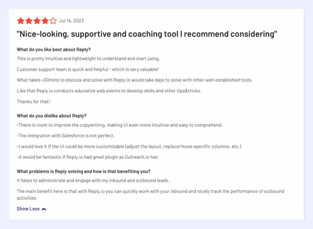 customer review about Reply.io's customer support