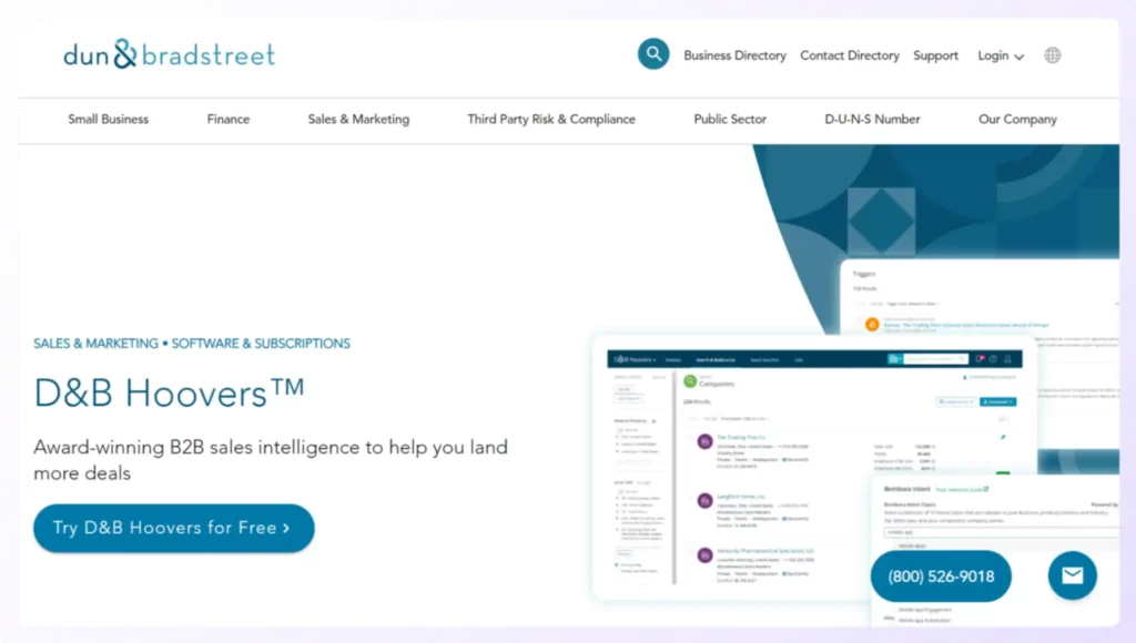 Home page of D&B Hoovers business contact database