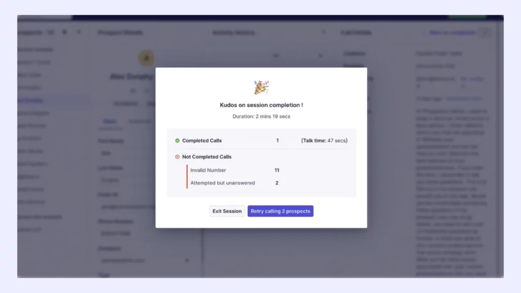 detailed summary of all calls in parallel dialer