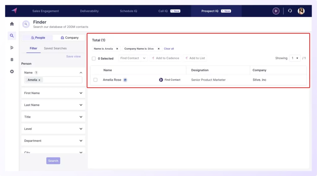 Find your prospect filtering by name and company in Prospect IQ