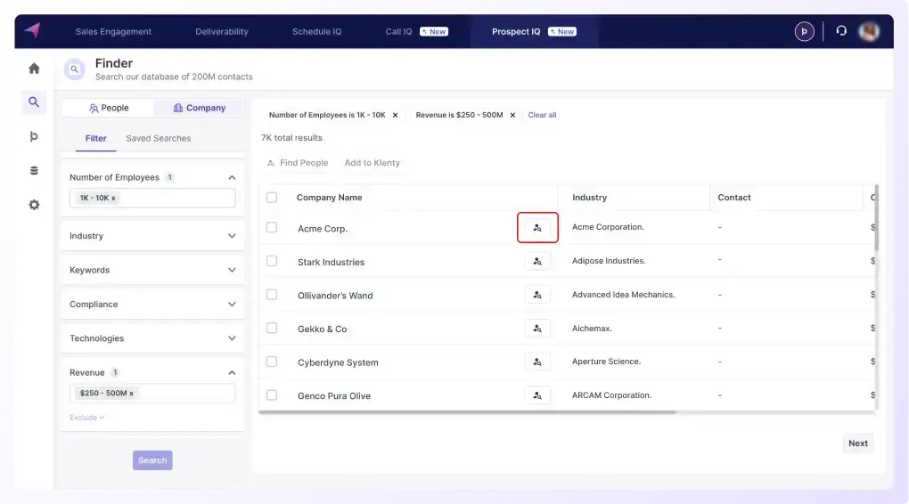 find the prospects within their acoounts using finding icon