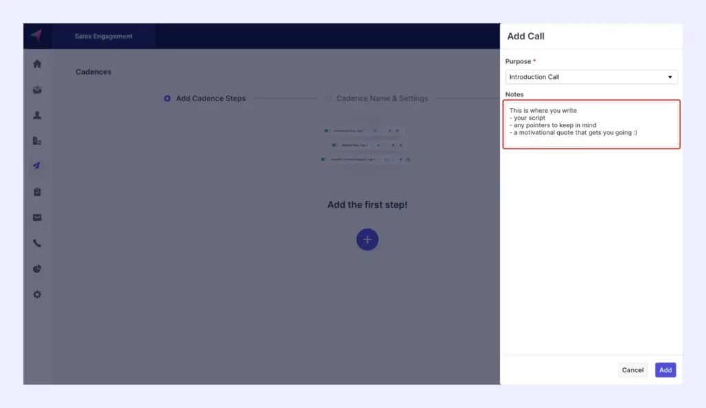 make points in Notes option to keep in mind during the call