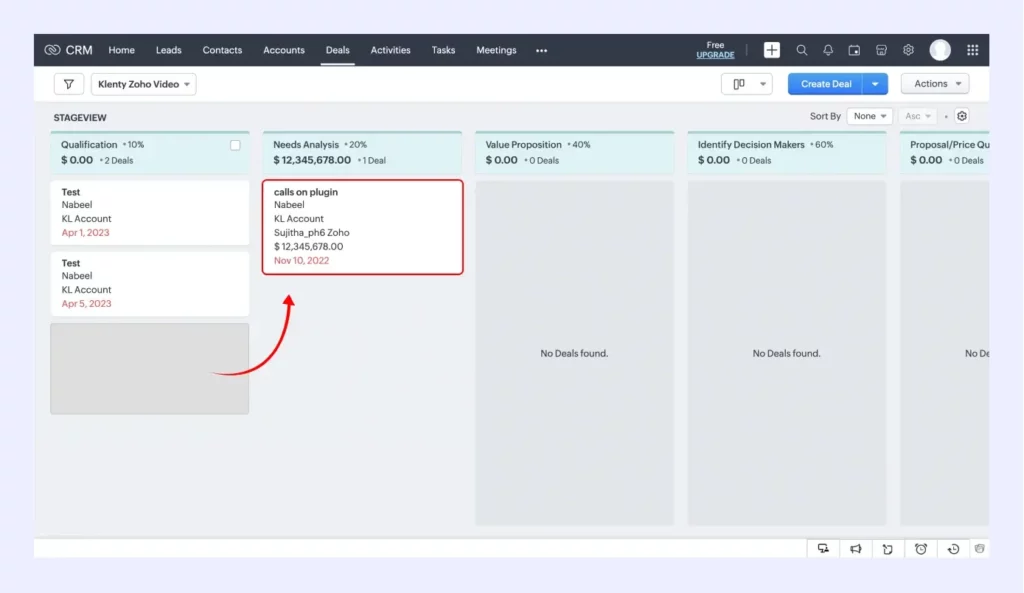 Klenty detects the deal moved from Qualification to Needs Analysis in Zoho CRM