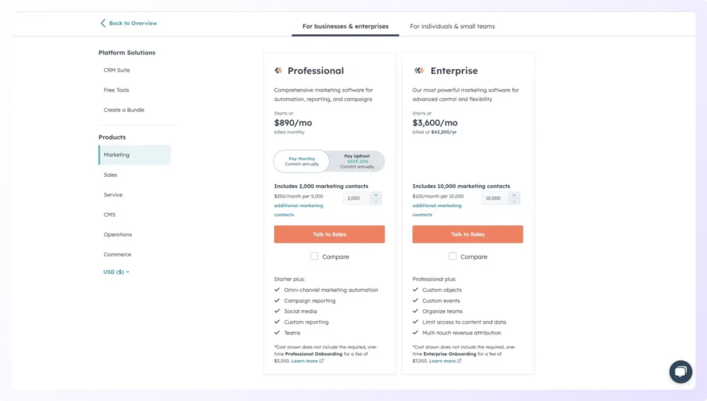 Hubspot Pricing for Individuals and Small Teams