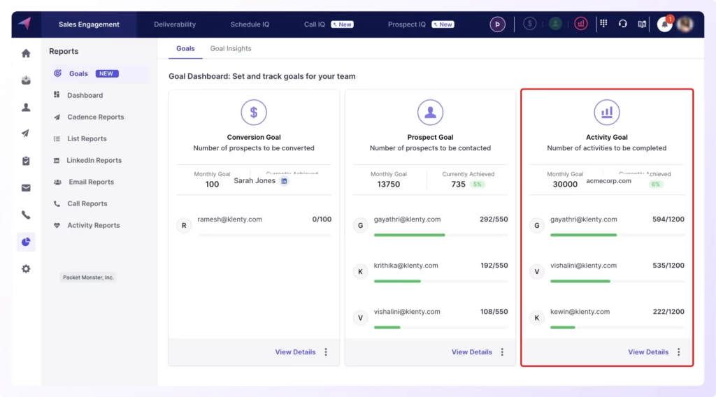 Klenty product screenshot with input metric - activity goal