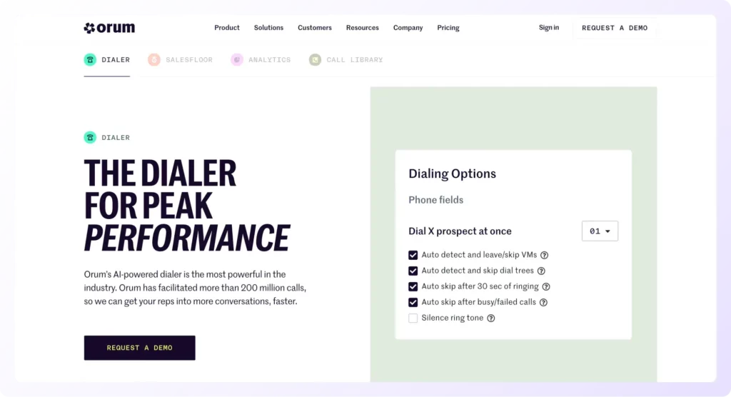 orum's dialer landing page