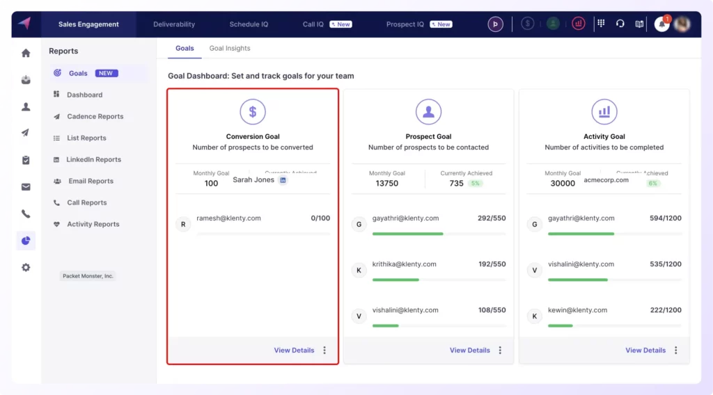 Klenty product screenshot for output metric conversion goal