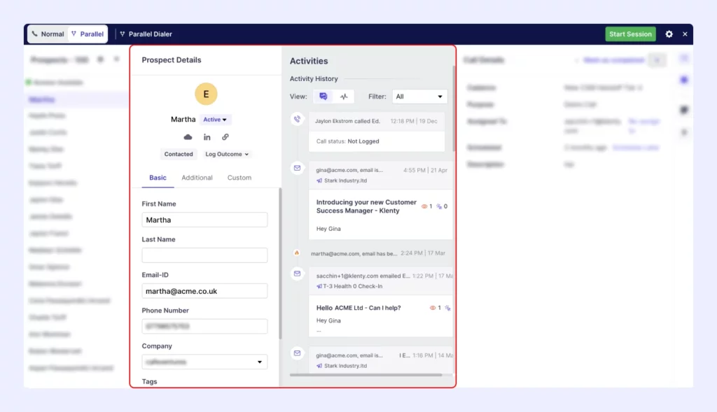 Prospect History and Activity in Parallel dialer