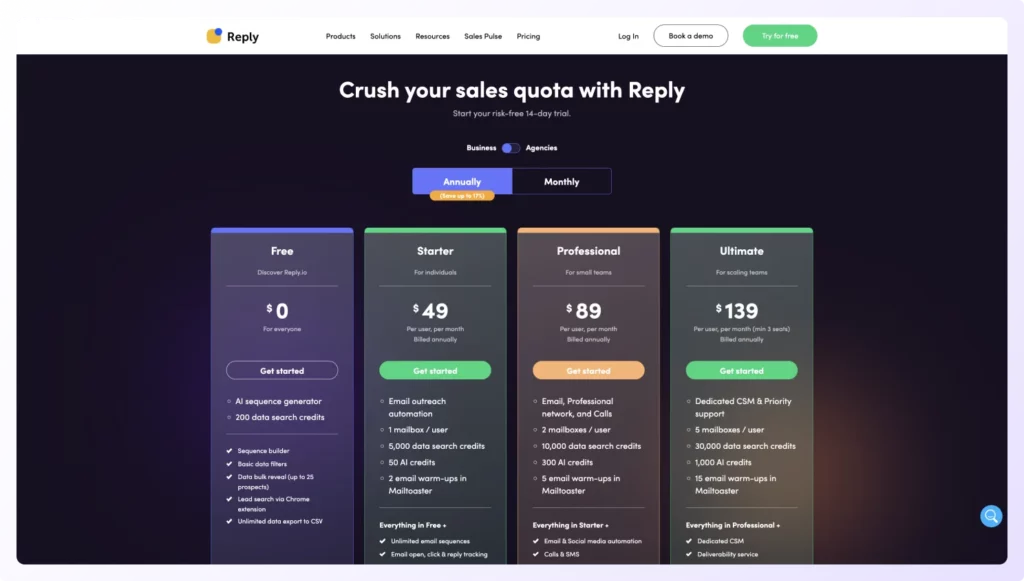 Reply.io pricing for annual plan showing features and comparison