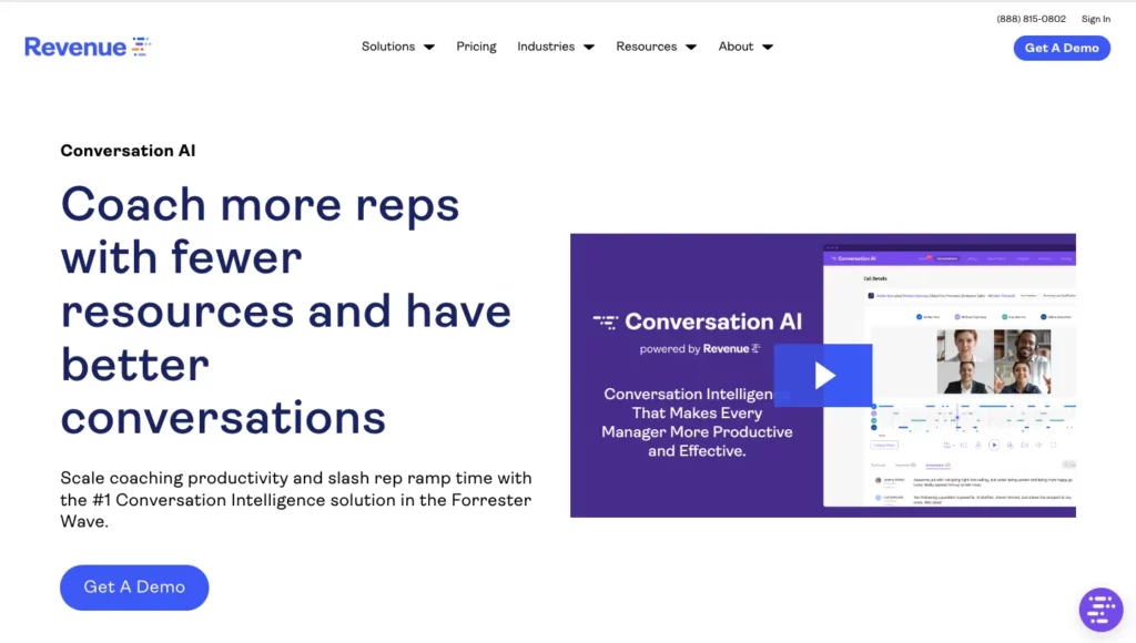 Revenue.io’s conversation intelligence platform landing page