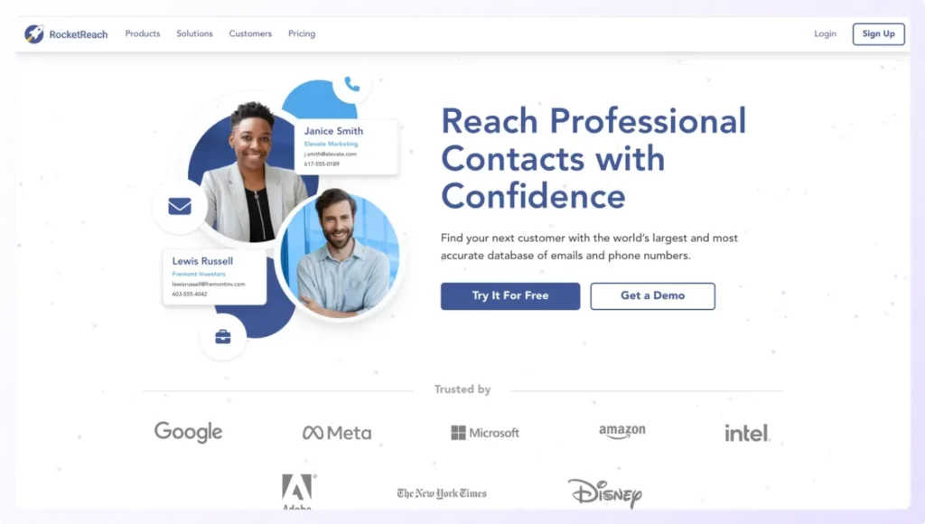 Landing page of RocketReach best b2b contact database provider
