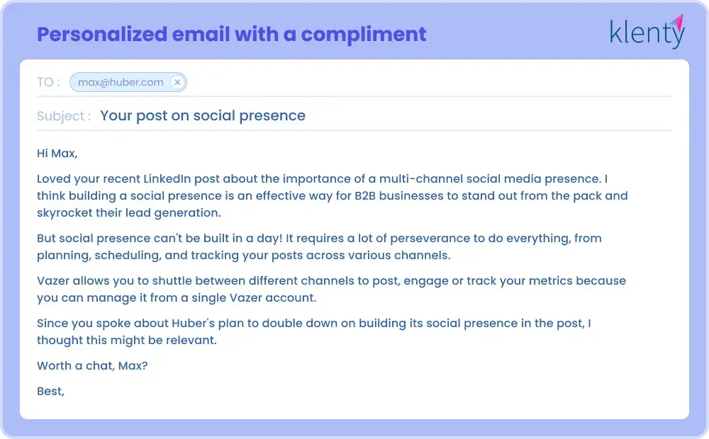 sample of Personalizing Email With a Compliment