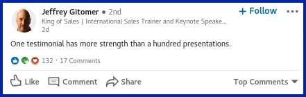 Screenshot of Jeffrey Gitomer's post on linkedin