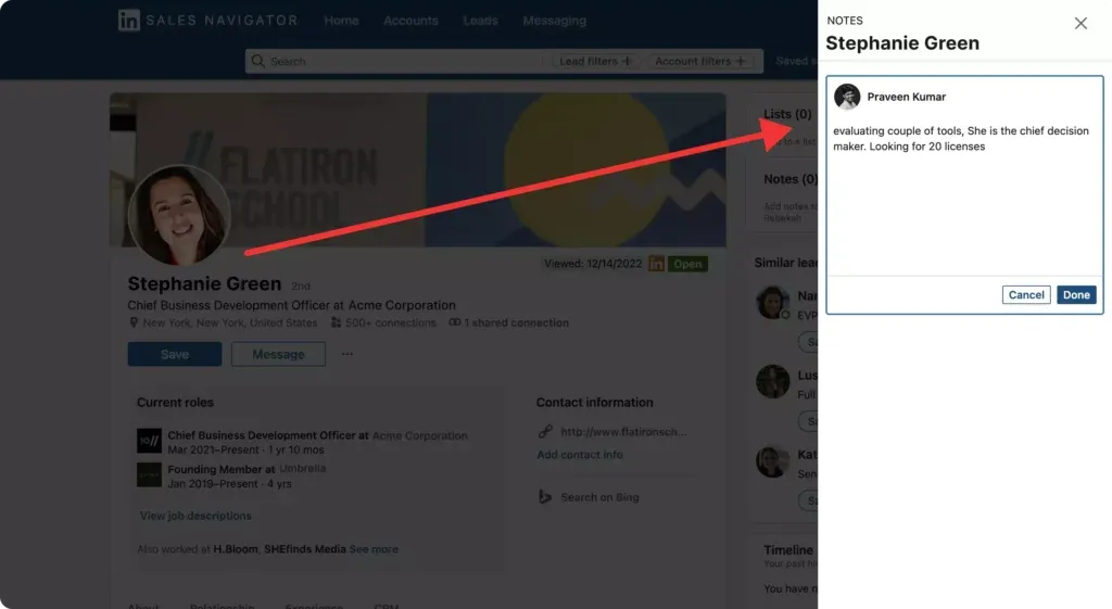 screenshot of linkedin sales navigator showing notes feature