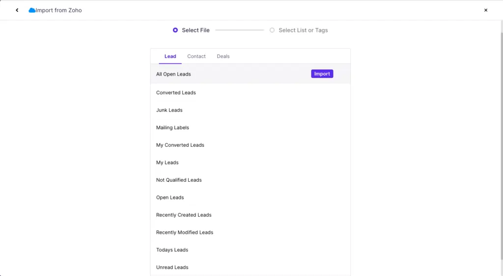 Selecting the list you want to import