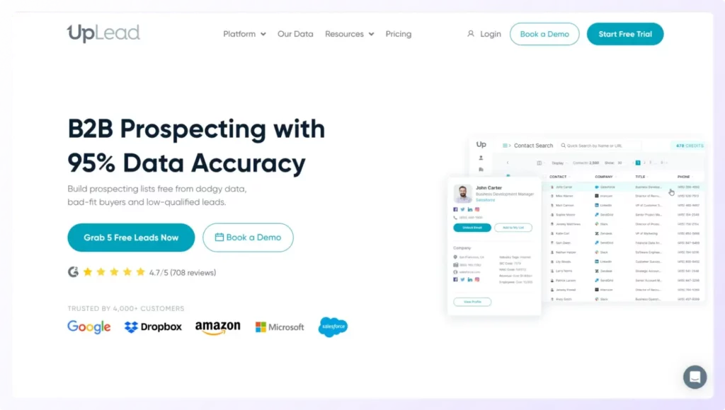 Page of UpLead b2b data prospecting platform